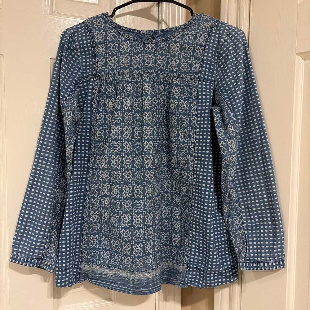 J.Crew Chambray Batik Print Long Sleeve Swing Top Size 8
